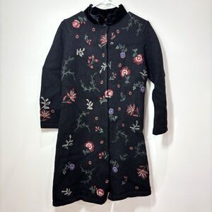 VTG Wool Velvet Embroidered Duster Cardigan Women Mp Black Floral Dark Cottage